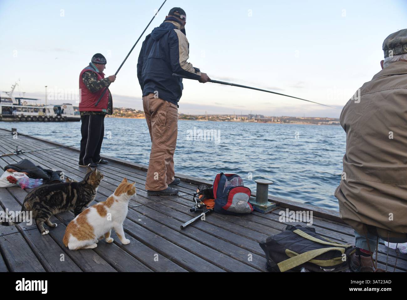 Angeln am Pier nahe der Schwarzmeerküste Stockfoto