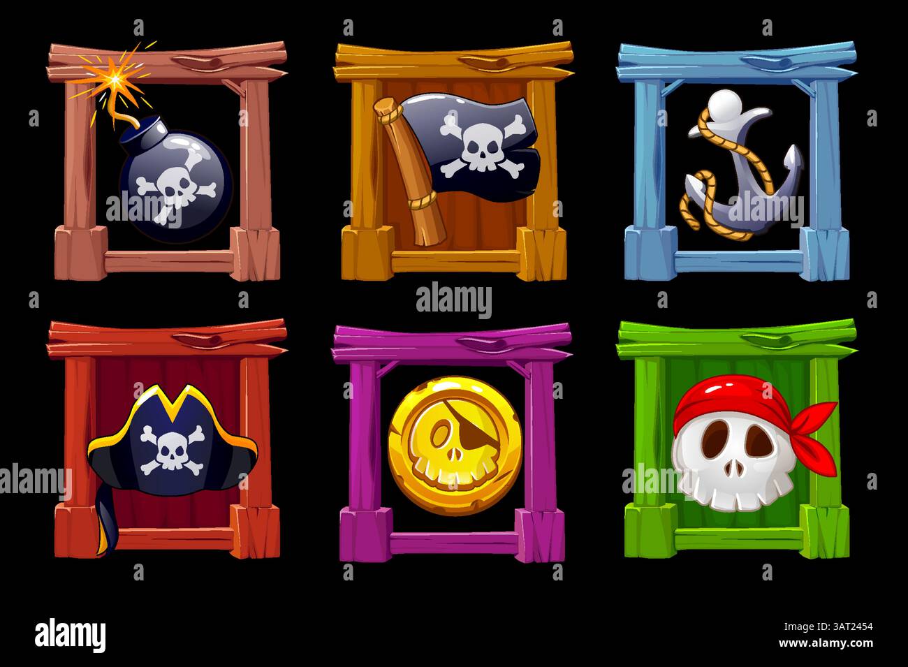 Piratensymbole: Bombe, Anker, Schädel, Flagge, Hut und Münze. Set mit Piratensymbolen auf Holzrändern. Zeichentricksymbole für deine Spiele oder Spielautomaten Stock Vektor