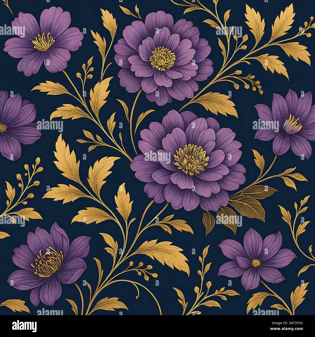 Elegantes Vintage-Blumenmuster – nahtlose lila Pfingstrosen mit goldenem Laub auf dunklem Hintergrund für Textil- und Tapetendesign Stockfoto