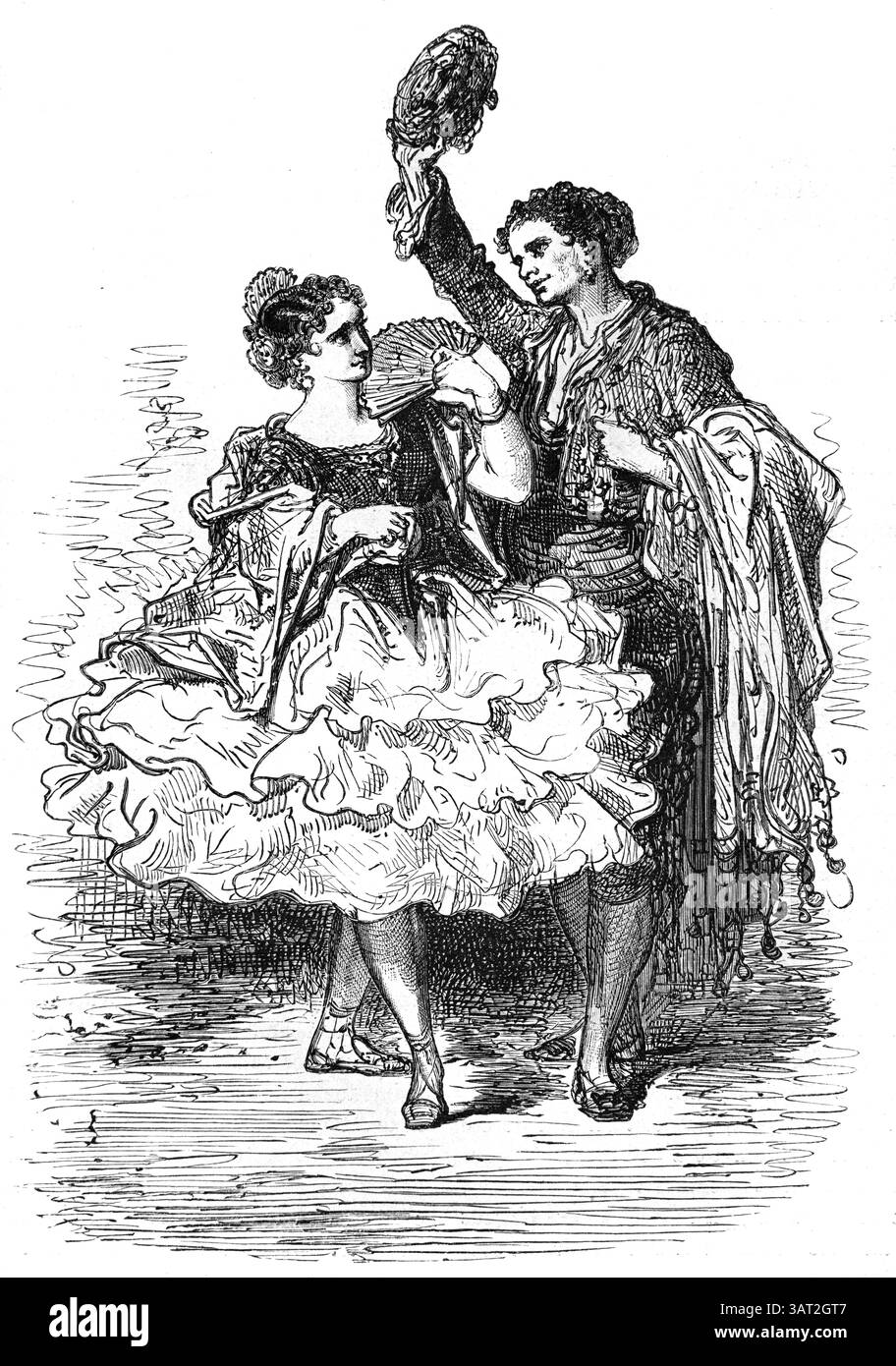 Ein paar spanische Tänzer tanzen zu Malaguena oder Flamenco-Musik von Torero in Sevilla, Spanien. Vintage oder historische Gravur oder Illustration von Gustave Doré 1866 Stockfoto
