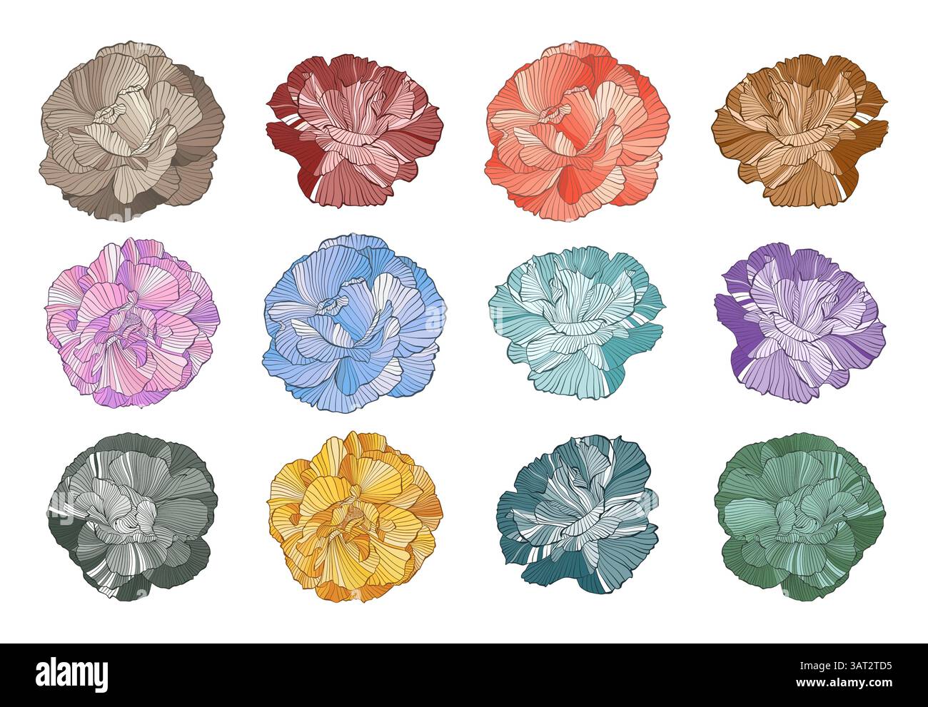 Bunte Mehrfarbige Abstrakte Wellige Blumen Linienzeichnung Pfingstrosen Blumen Verschiedene Farben, Komplizierte Linien-Kunst-Details, Elegantes Florales Modernes Design Stock Vektor