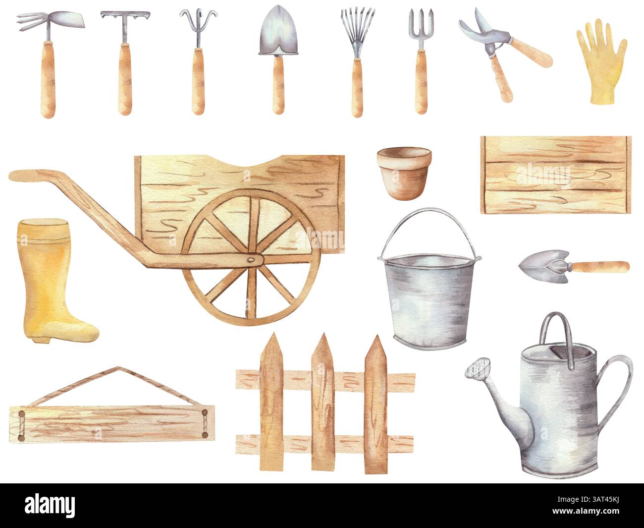 Aquarellset Gartenwerkzeuge, Holz und Metall. Rechen, Schaufel, Schubkarre, Gießkanne, Eimer, Sämling-Box, Zaun, Stiefel und Handschuhe. Isoliert auf weißem Hintergrund Stockfoto