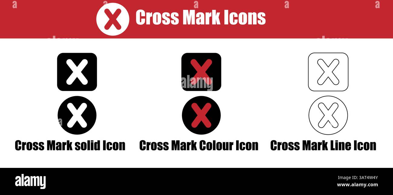 Satz von Kreuzmarkensymbolen in den Formaten „durchgehend“, „Farbe“ und „Gliederung“. Stock Vektor