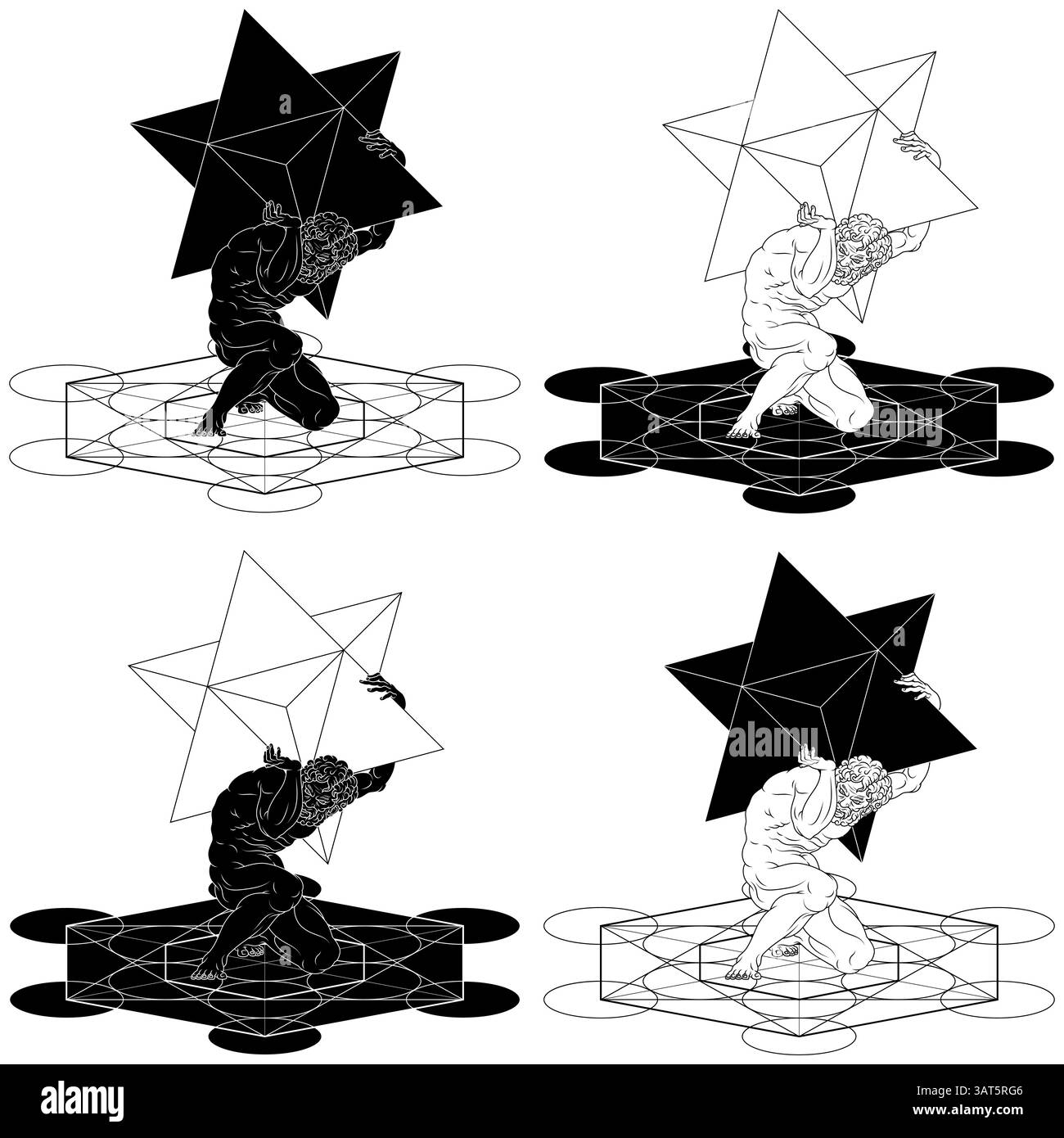 Titan Atlas mit Merkaba-Symbol auf seinen Schultern und mit Metatron, titan der griechischen Mythologie mit heiliger Geometrie Stock Vektor