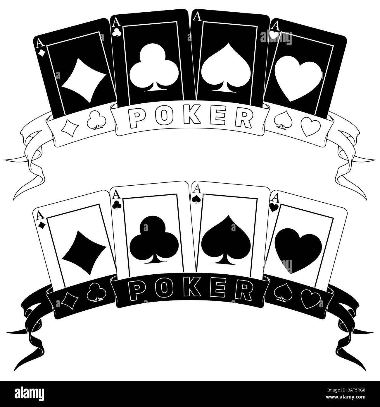 Pokerkarten, umgeben von einem Band, Pokersymbole von Herz, Diamant, Verein und Ass Stock Vektor