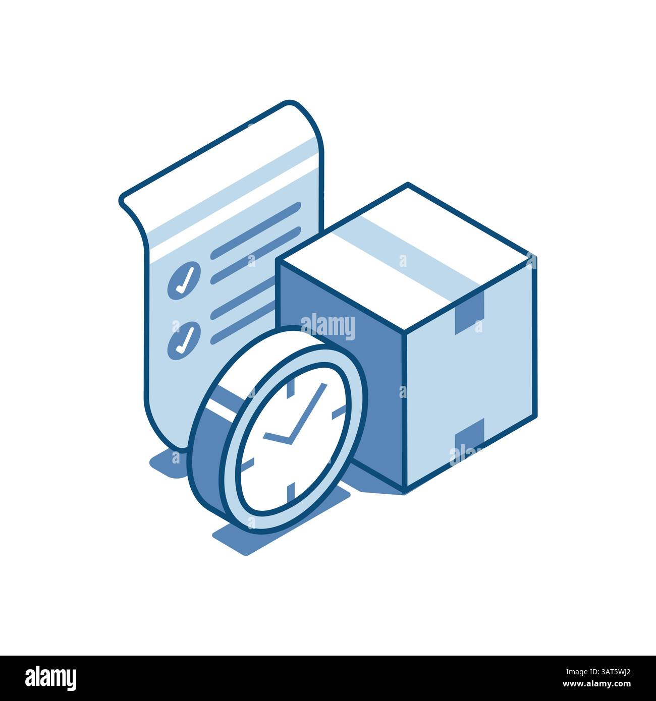 Isometrische Vektorbox mit linearem Dokument- und Uhrsymbol, in Farbe auf weißem Hintergrund, Zustellung von Postpaketen oder Einkäufe Stock Vektor