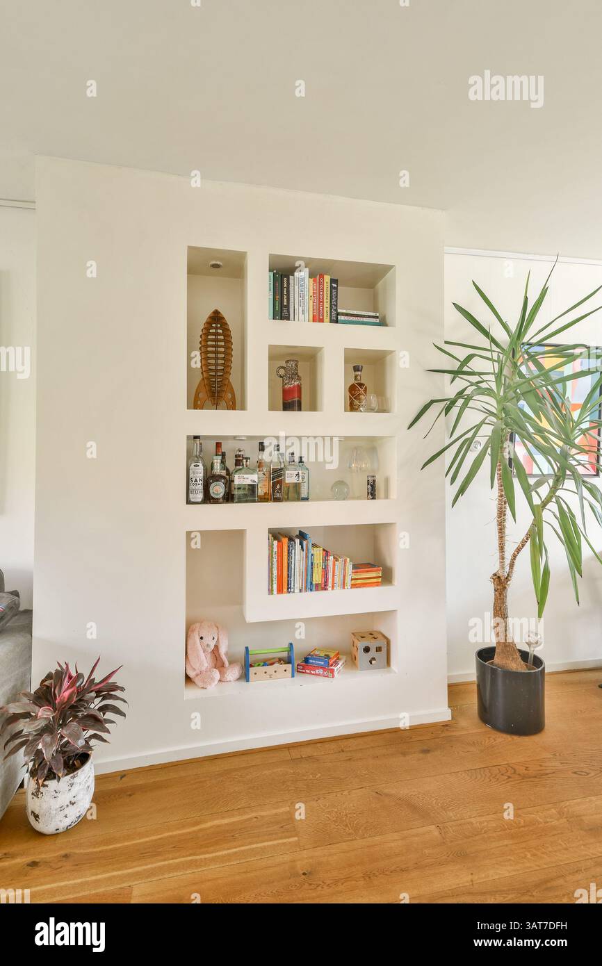 Eine helle und moderne Inneneinrichtung mit einem stilvollen Bücherregal mit verschiedenen Artikeln, ergänzt durch dekorative Pflanzen, die das Ambiente verbessern. Stockfoto