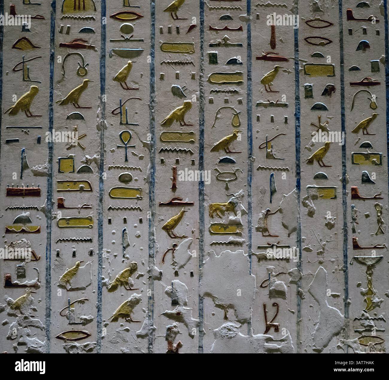 Antike ägyptische Hieroglyphen, die in eine Steinmauer gemeißelt wurden, mit verschiedenen Symbolen und Figuren, die die Kunst und Komplexität der antiken Schriften zeigen Stockfoto Antike ägyptische Hieroglyphen, die in eine Steinmauer gemeißelt wurden, mit verschiedenen Symbolen und Figuren, die die Kunst und Komplexität der antiken Schriften zeigen Stockfoto