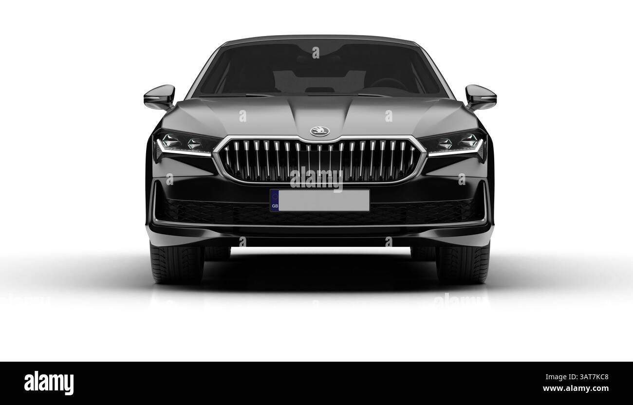 Izmir, Türkei - 17. April 2025: Vorderansicht des dunkelgrauen 2024 Skoda Pracht auf weißem Hintergrund Stockfoto
