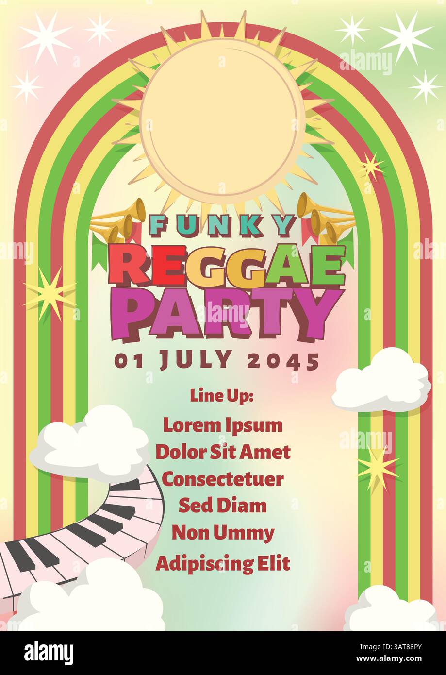 Abstraktes dreifarbiges Regenbogen-Poster mit Wolke, Sonne, Stern und Tastatur für ein funkiges Reggae-Partykonzert. Vorlage für internationales Musikposter in Papiergröße Stock Vektor