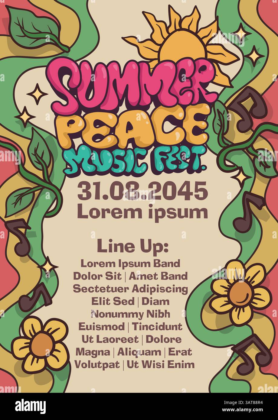 Posterkonzept des Sommerfriedensfestivals. Dreifarbig mit tropischer Blume und Sonne im abstrakten Stil. Vorlage für internationales Musikposter in Papiergröße Stock Vektor