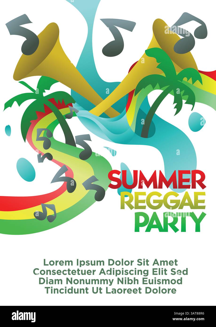 Sommer Reggae Party Poster Vorlage Konzept. Abstraktes Wasser mit Trompete und musikalischen Noten mit rastafari dreifarbig in tropischer Farbe. Internationales Papier Stock Vektor