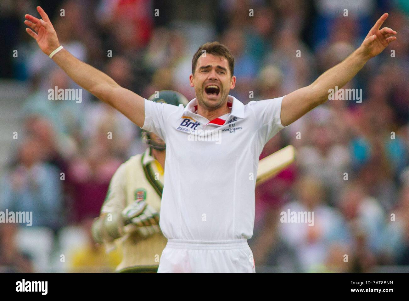 NOTTINGHAM, ENGLAND – 10. Juli: Der englische James Anderson appelliert am ersten Tag des ersten Investec Ashes Test Matches auf dem Trent Bridge Cricket Ground am 10. Juli 2013 in Nottingham, England. (Foto: Mitchell Gunn/ESPA)(Foto: © ESPA Photo Agency/Cal Sport Media/ZUMAPRESS.com) Stockfoto