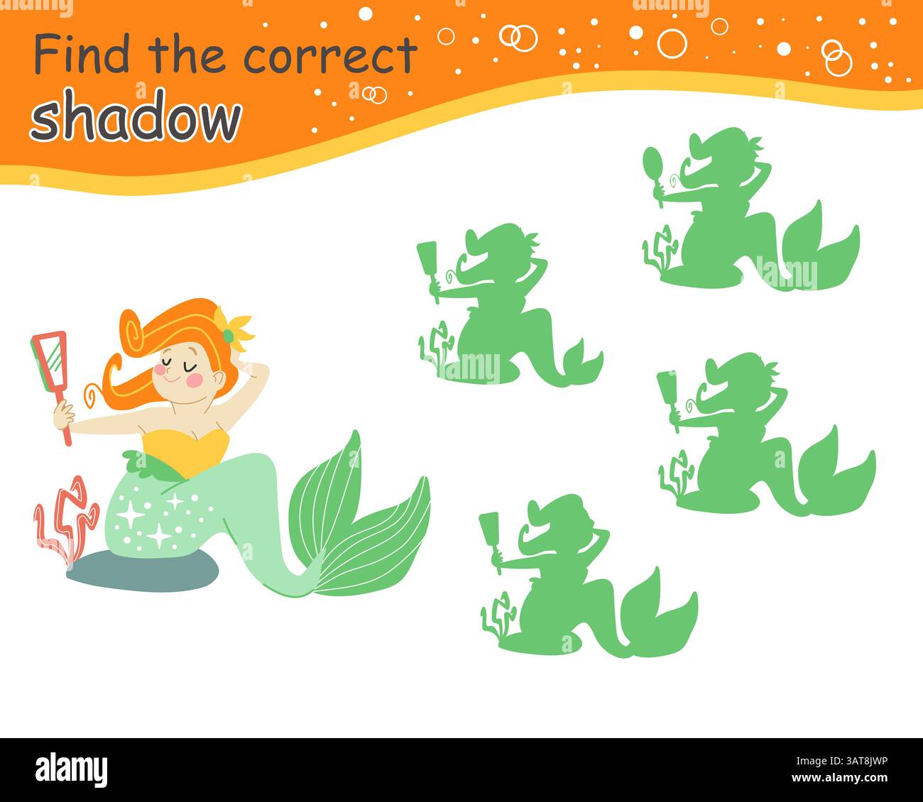 Finde den richtigen Schatten, süße Meerjungfrau. Pädagogisches Match-Spiel für Kinder. Suchen Sie die richtige Silhouette. Aktivität, Logikspiel, druckbares Arbeitsblatt Stock Vektor