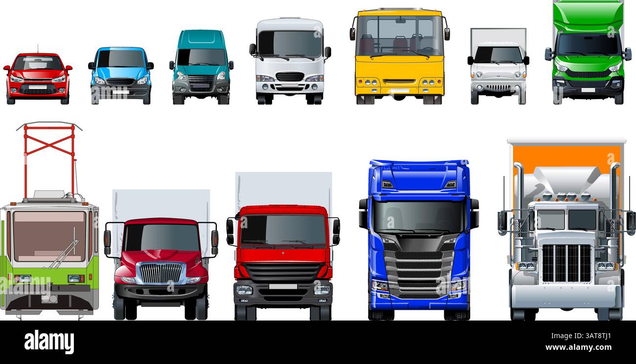 Vektortransport, Vorderansicht. Isolierte realistische Fahrzeuge auf weißem Hintergrund. Erhältlich EPS-10 getrennt durch Gruppen und Ebenen mit Transparenz ef Stock Vektor