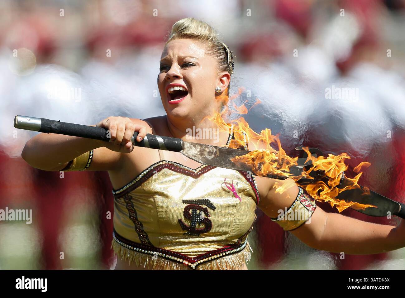 5. Oktober 2013: Eine Majorette der Florida State Seminoles wirbelt eine Fackel vor dem Spiel zwischen den Maryland Terrapins und den Florida State Seminoles im Doak S. Campbell Stadium. (Bild: © Gray Quetti/Cal Sport Media/ZUMAPRESS.com) Stockfoto
