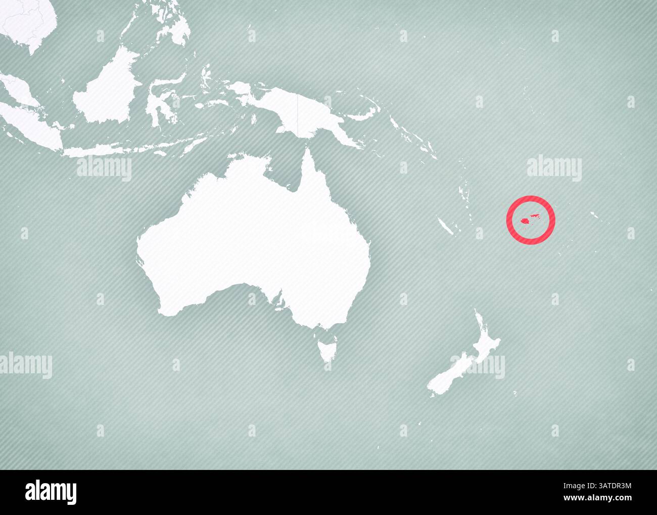 Fidschi auf der Karte von Australasien (Ozeanien) mit weich gestreiftem Vintage-Hintergrund. Stockfoto