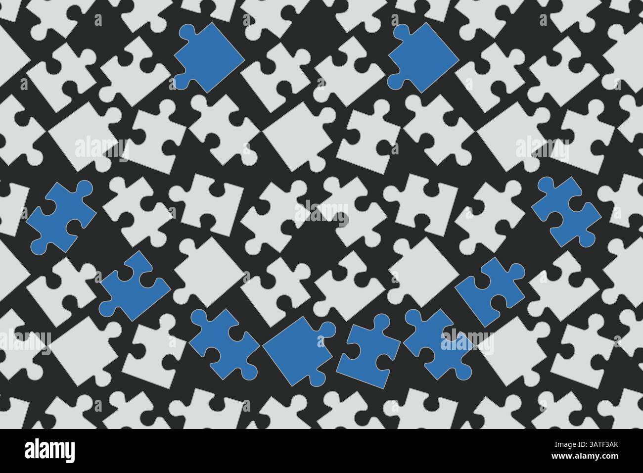 Ein Lächeln aus Rätseln. Ein nahtloses Muster mit Puzzles. Schwarz-weiße Puzzles mit einem blauen Lächeln. Ein schwarzer und weißer Hintergrund ist ein Rätsel. Stock Vektor