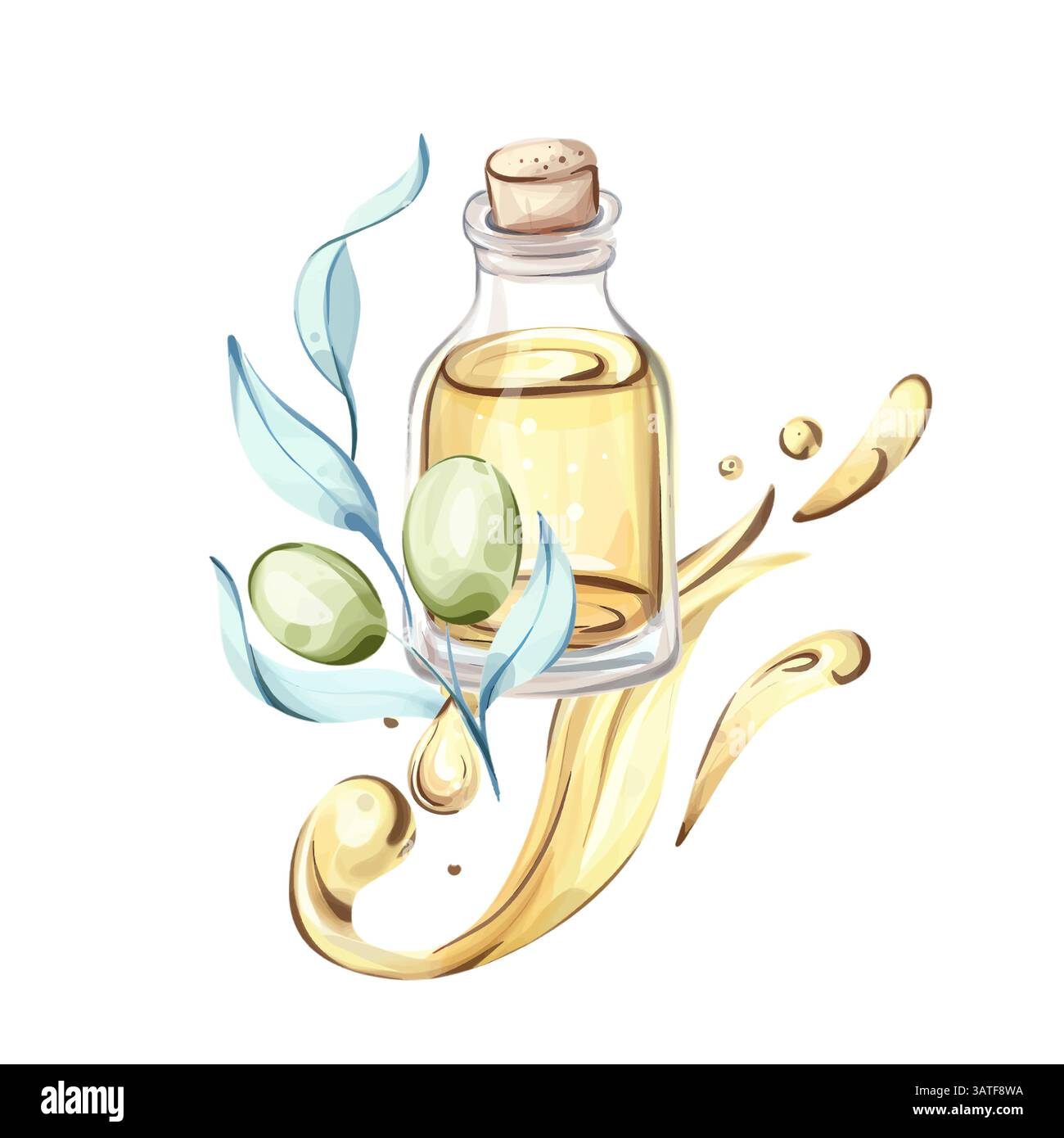 Illustration von Oliven und Olivenöl im Aquarellstil, die die Schönheit der italienischen kulinarischen Traditionen unterstreicht Stock Vektor