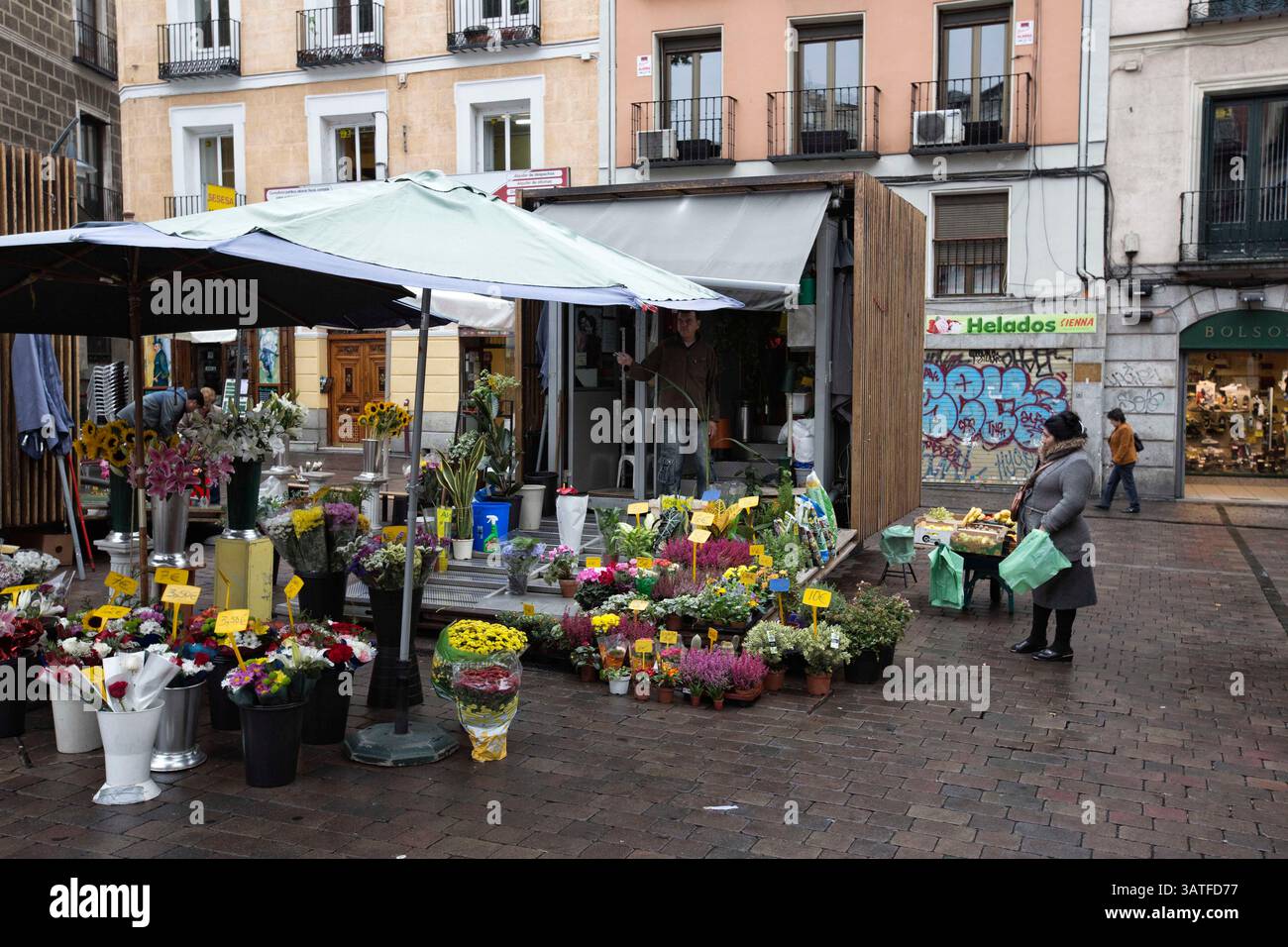 24. Oktober 2013 - Madrid, Spanien - kleiner Blumenladen. Lavapias ist seit langem ein vernachlässigtes Gebiet der Stadt. Multikulturalismus existiert mit einer hässlicheren Realität, der von Obdachlosigkeit, Drogen und Kleinkriminalität. Es war das jüdische Viertel der Stadt bis zur Vertreibung der Juden aus Spanien im Jahr 1492. Heutzutage gibt es eine ständige Polizeipräsenz auf der Plaza de Lavapias sowie einen hohen Grad an offenen Drogenverkäufen. (Bild: © Yuri Van Geenen/ZUMA Wire/ZUMAPRESS.com) Stockfoto