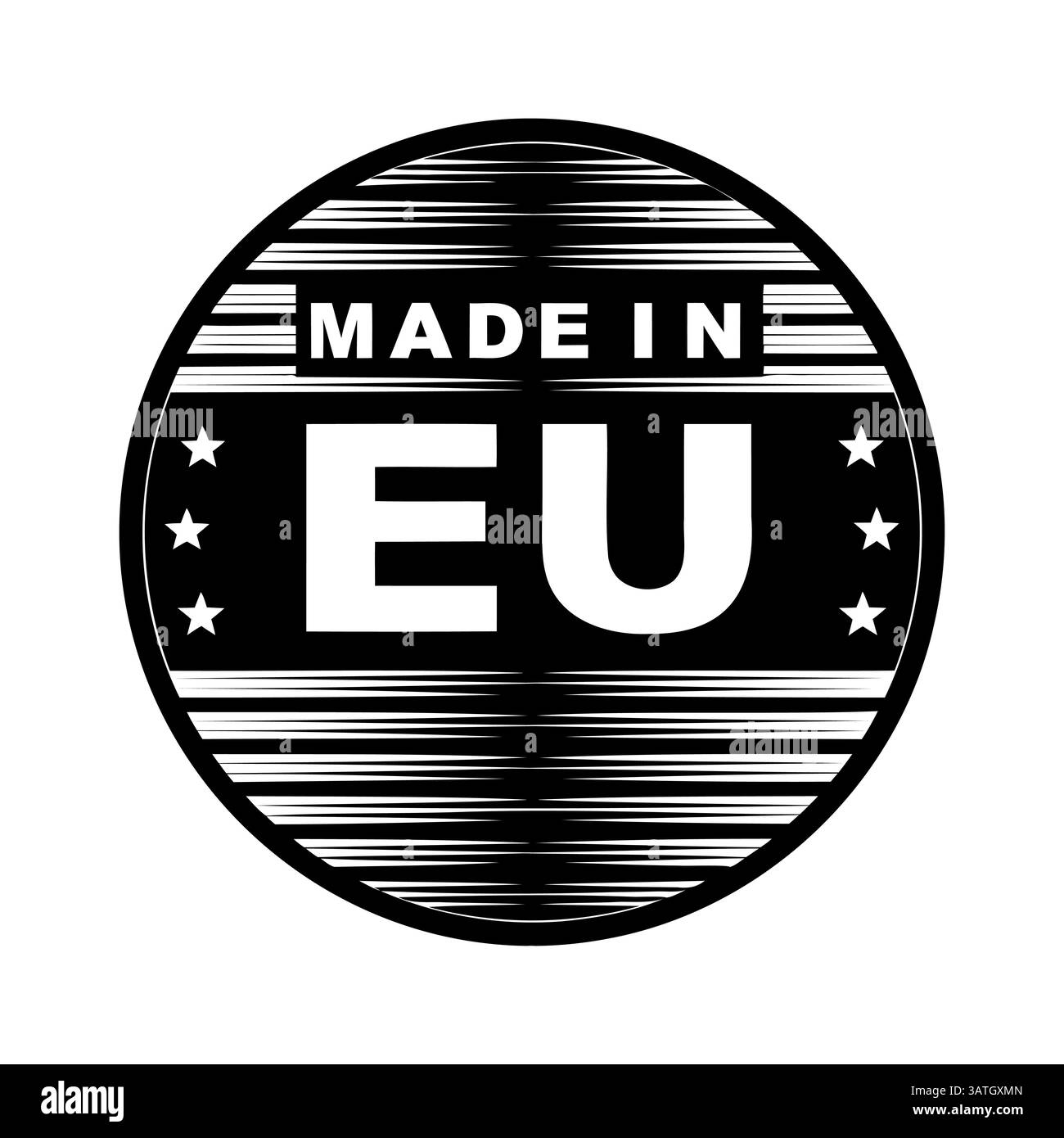 Made in EU Icon. Schwarzweißes rundes Symbol mit horizontalen Linien, Sternen und der Aufschrift „MADE IN EU“. Vektorabbildung. Stock Vektor
