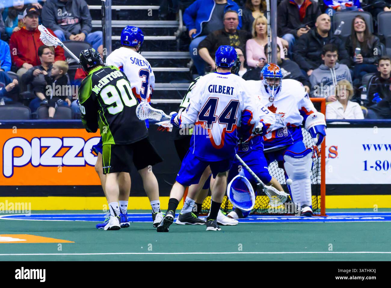 25. März 2016: Ben McIntosh (90), Saskatchewan Rush, trifft einen Torschuss. (Kreditbild: © Angel Marchini via ZUMA Wire) Stockfoto