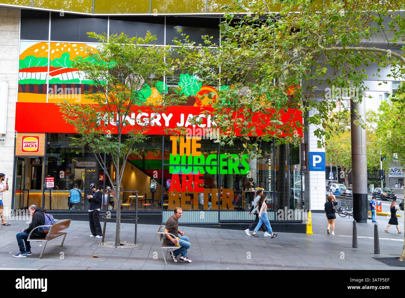 Hungry Jacks Fast Food Burger Restaurant Café in der George Street, Sydney Stadtzentrum, New South Wales, Australien Stockfoto