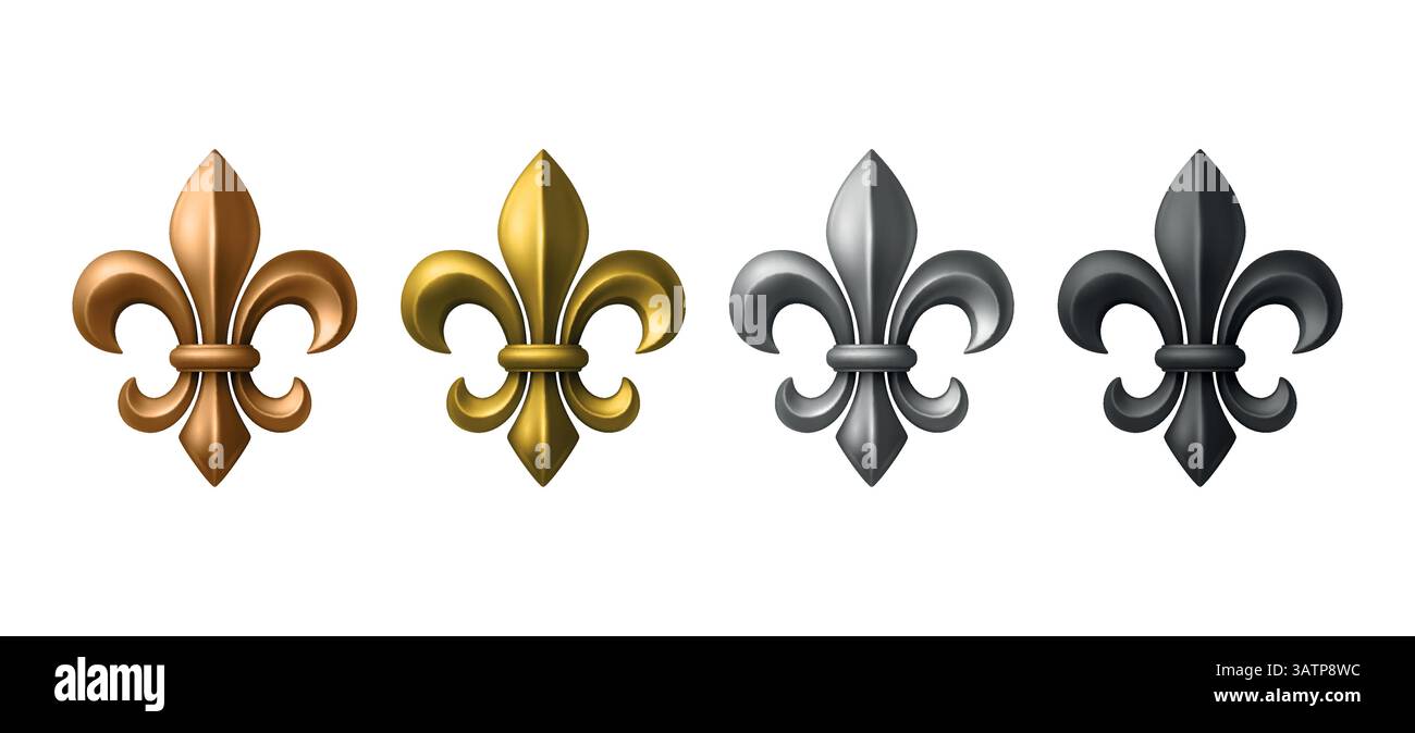 Vektor-3D-realistische Fleur-de-Lis-Symbole in Gold, Silber, Bronze und Schwarz. Heraldische Königliche Lilien-Symbol-Set für mittelalterliche Embleme, Abzeichen und Wappen Stock Vektor