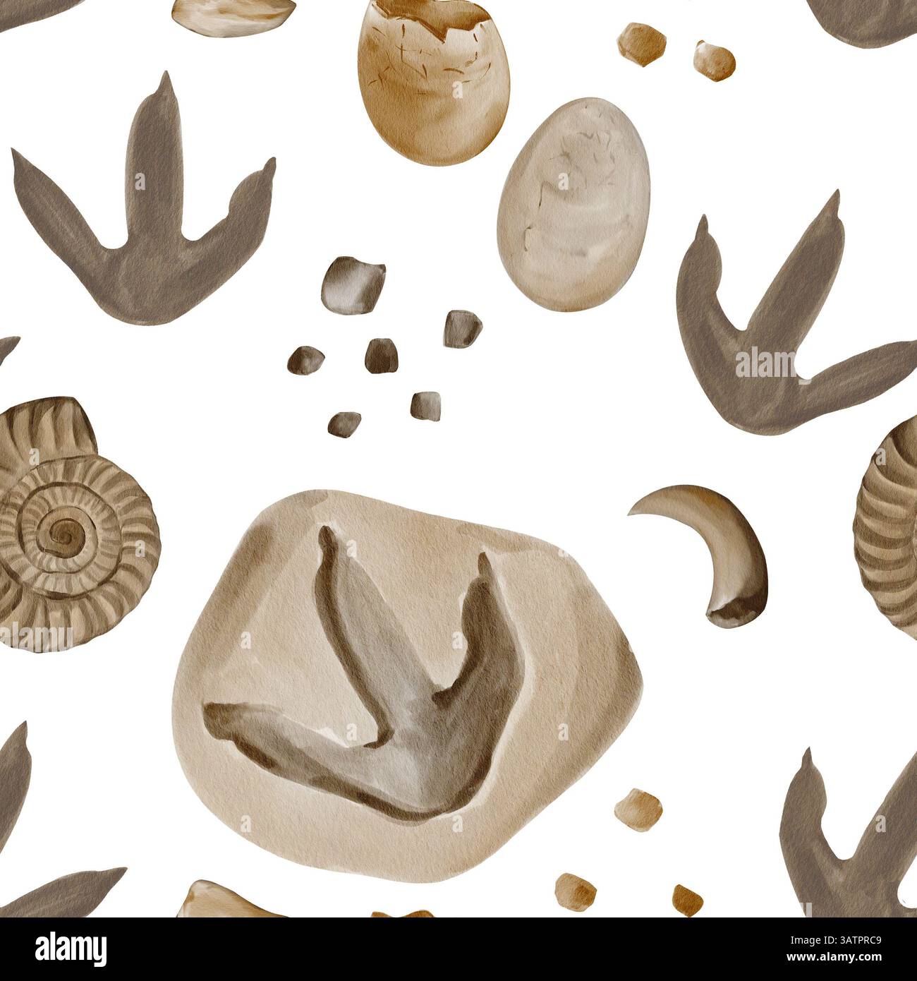 Nahtloses Muster mit Fossilien. Dinosaurier-Fußabdrücke. Reptilieneier. Steine und Kieselsteine. Aquarellabbildung ohne Hintergrund. Handgezeichnet. Zähne Stockfoto