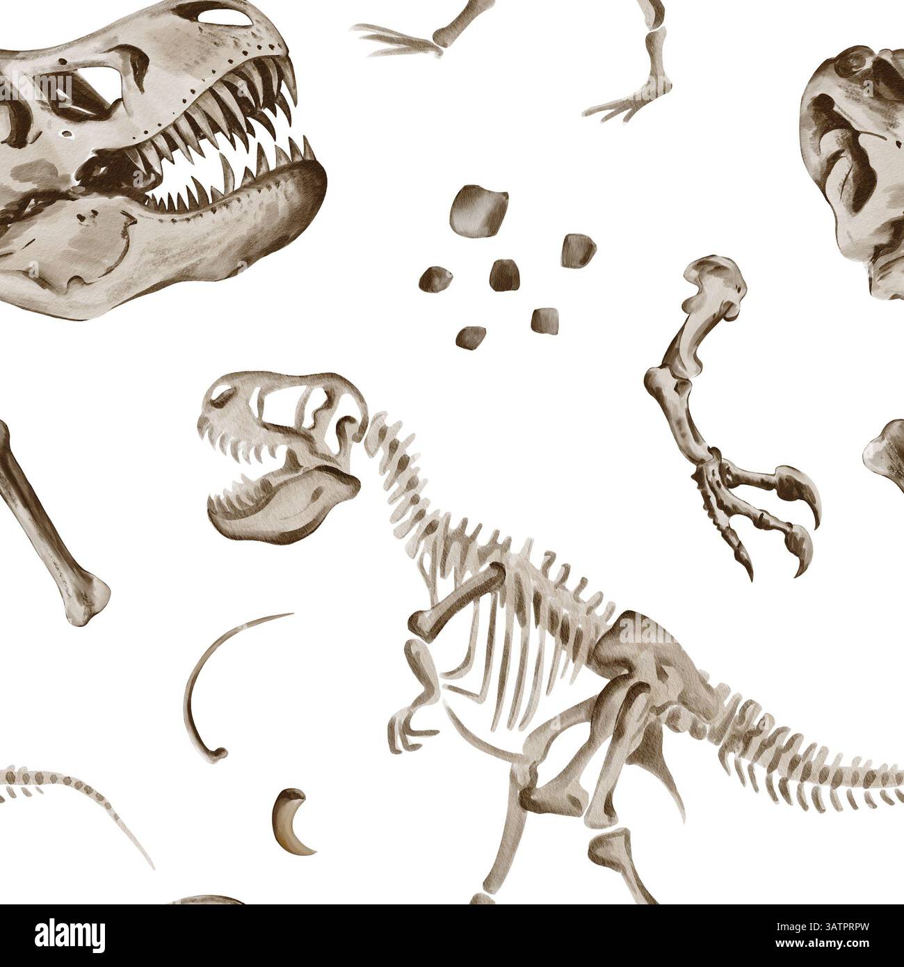 Nahtloses Muster mit Dinosaurier Rex Skelett. Theranosaurus Teile, Knochen und Pfoten. Jurassische Fossilien und Felsen. Aquarellabbildung ohne Stockfoto