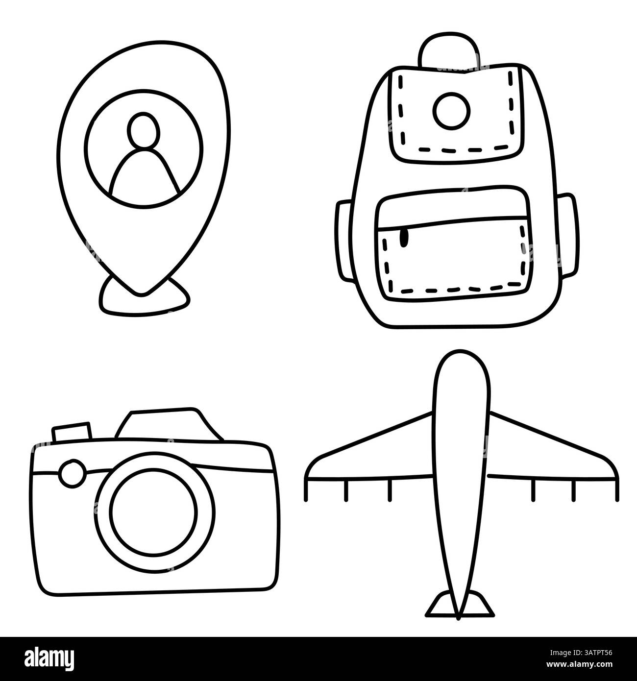 Set von Reise Doodle Icons mit Lage Pin, Rucksack, Fotokamera und Flugzeug, Hand gezeichnete Vektor Elemente für Abenteuer, Urlaub, Tourismus und Tri Stock Vektor