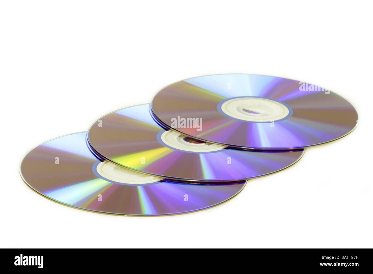 Drei leere Discs auf weißem Hintergrund drei glänzende DVDs auf weißem Hintergrund Stockfoto