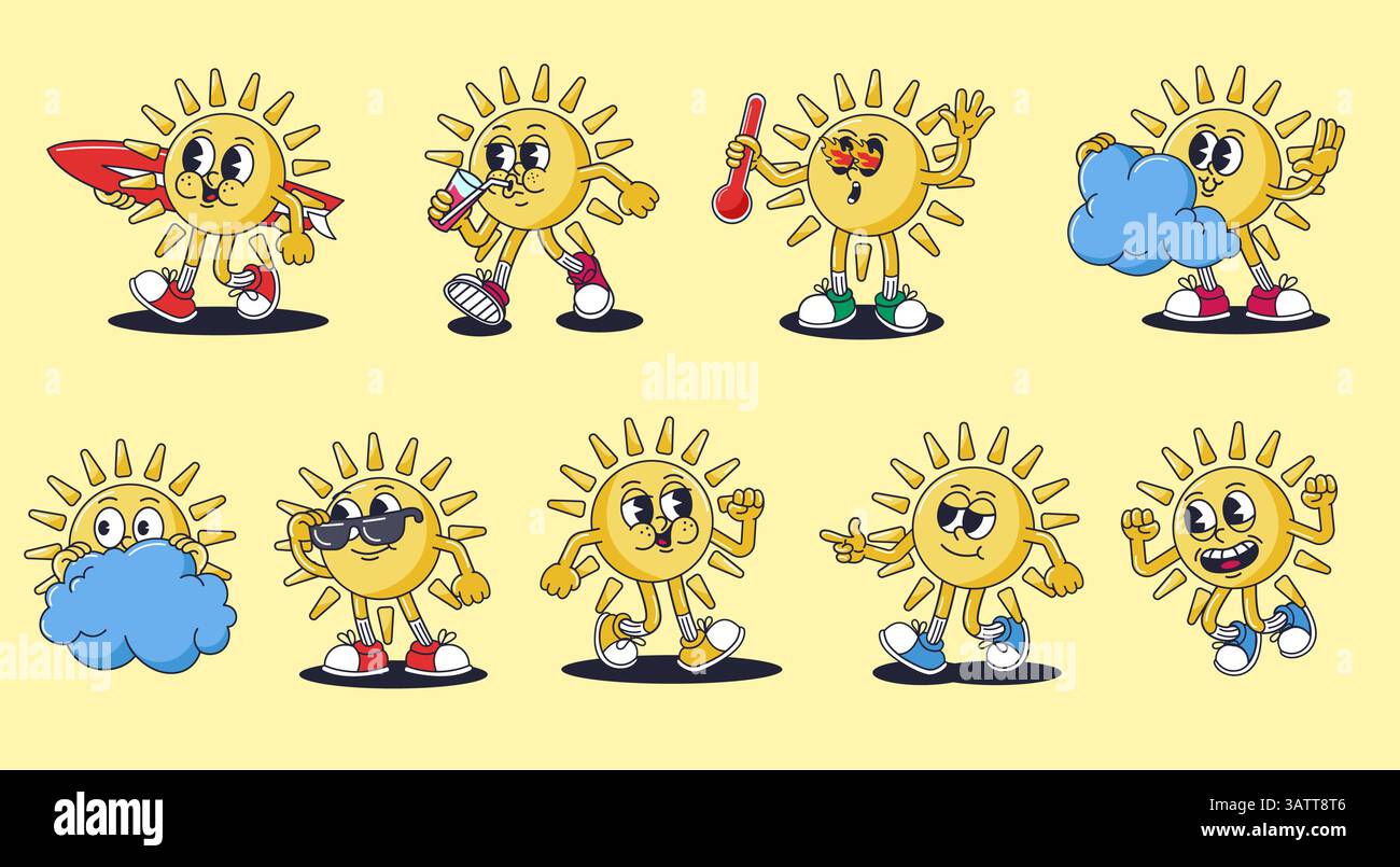 Retro-Zeichentrickfiguren in der Sonne. Sommer Maskottchen, groovig lächelnder Sonnenschein Charakter, heißes Wetter und Surfer Sonne 30s Gummischlauch Animationsstil Vektor Stock Vektor