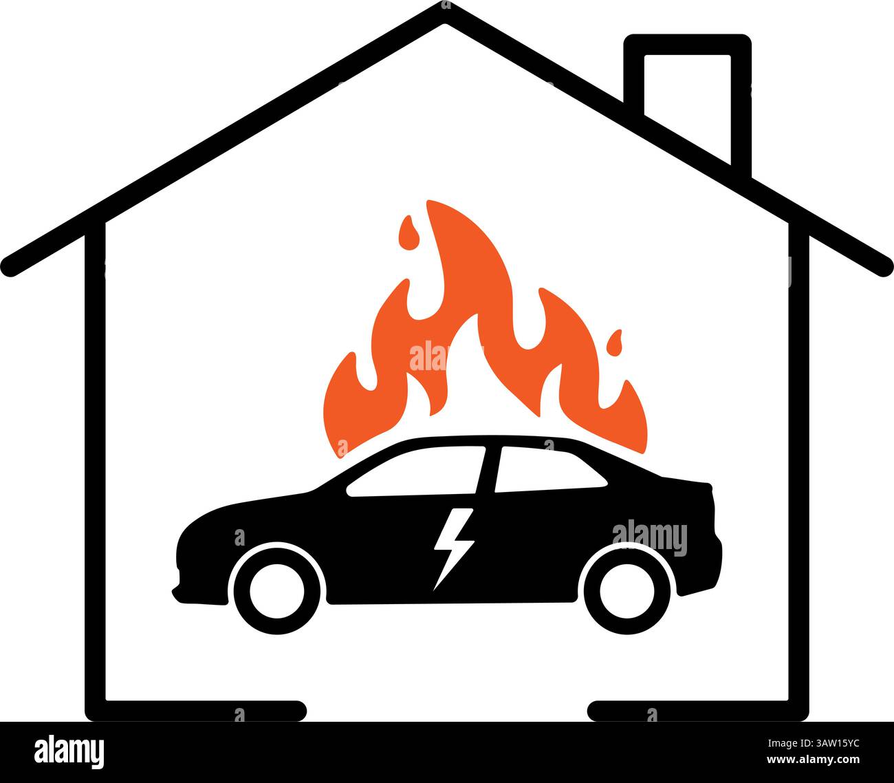 Elektrisches Auto brennt in der Garage im Haus. Symbol für Brandgefahr Stock Vektor