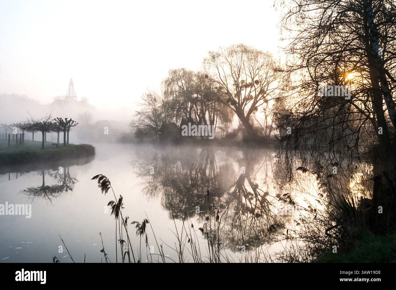 Am frühen Morgen schwebte Nebel und Nebel über dem Fluss - Zentralfrankreich. Stockfoto