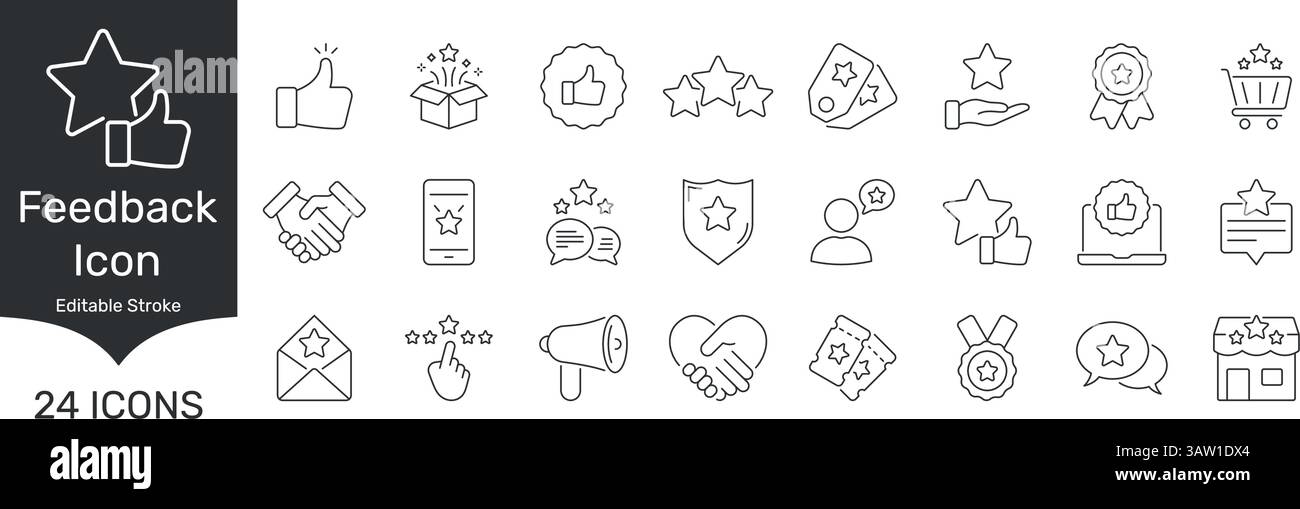 Symbolsatz Für Feedback Und Bewertung. Sammlung Von Symbolen Für Kundenzufriedenheit, Überprüfung Und Qualitätssicherung. Bearbeitbare Kontur. Isolierter Vektor Stock Vektor