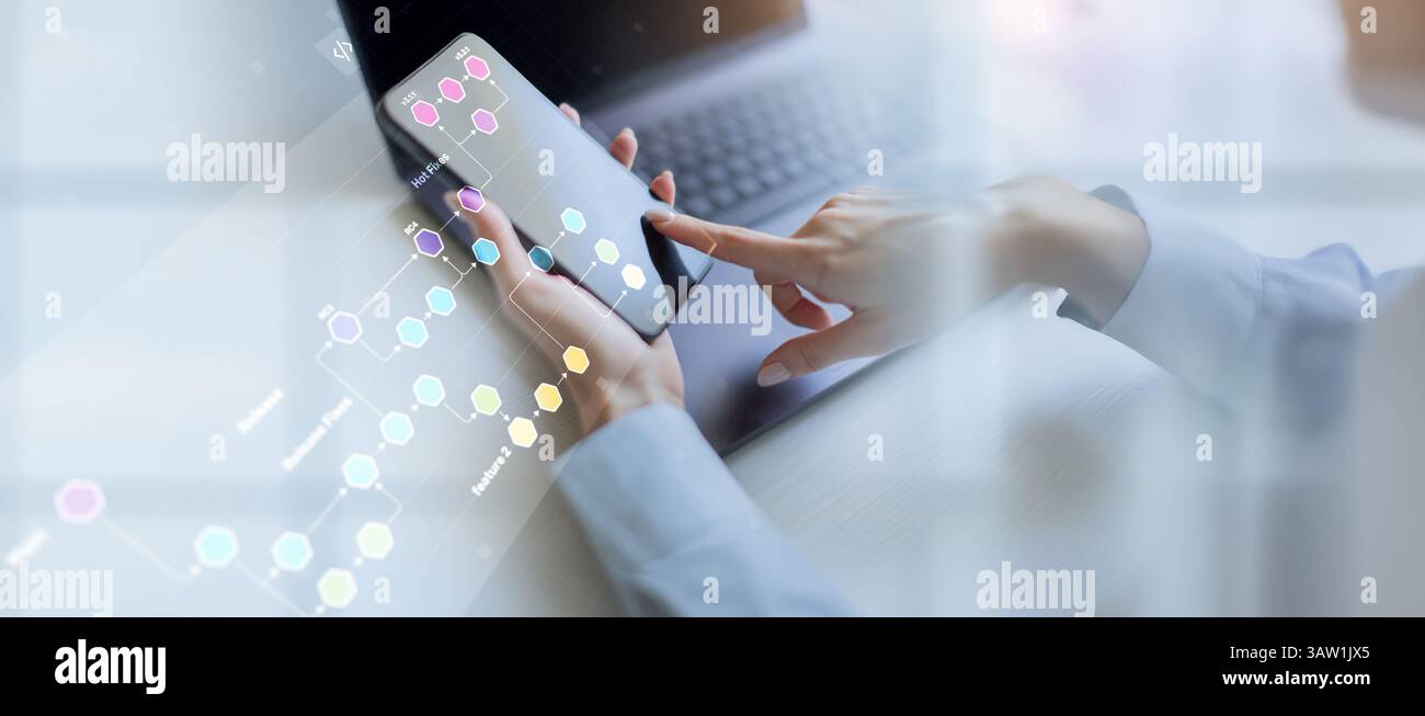 Software Development Workflow und Versionskontrolle Verzweigungsstrategie Visualisierung. Stockfoto