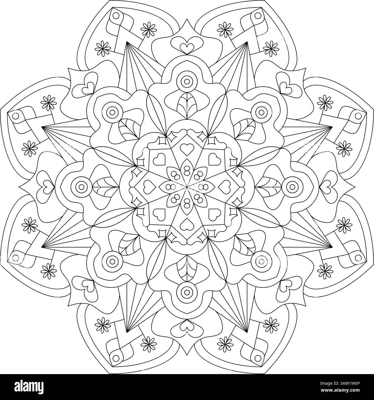 Komplexe Mandala-Kunstwerke mit stilisierten Blumen-, Herz- und Blattformen in einem ausgewogenen kreisförmigen Layout Stock Vektor