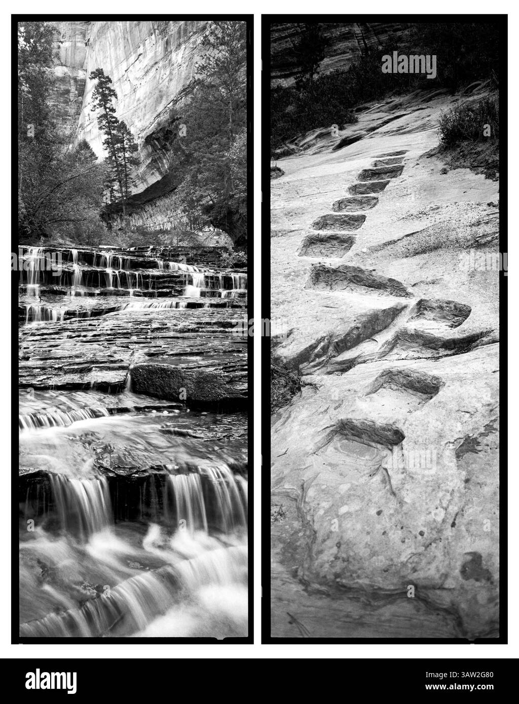 4. April 2016 – Utah, USA – im Left Fork Canyon, in dem nur Genehmigungen erteilt werden, laden kaskadierende Treppenstufenwasserfälle zum legendären Subway ein. Felsvorsprünge und Stufen wurden in den Stein gehauen, um die Wanderer in einen anderen eraÃ’1928 in den Hidden Canyon zu führen. Während der Besucherzugang schon immer eine treibende Kraft für den National Park Service war, haben sich die Mittel in Bezug auf die Umweltauswirkungen seit seiner Gründung drastisch verändert. Zion National Park Artist-in-Residence, September 2015. (Bild: © Benjamin Rusnak Via ZUMA Wire) Stockfoto