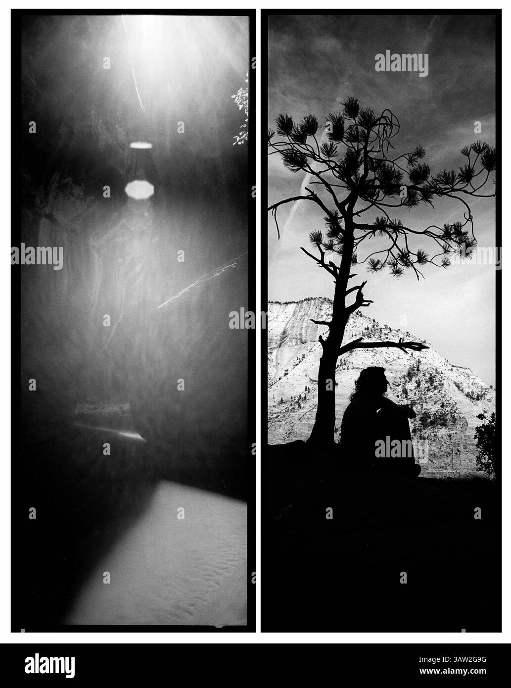 4. April 2016 - Utah, USA - Meilen in den Slot Canyon, bekannt als die Narrows, erstrahlt die Sonne an einem riesigen Felsbrocken im Virgin River vorbei. In der Natur zu sein ermutigt ruhige Momente der Nachsicht, wie für diesen Wanderer in Scout's Landing. Zion National Park Artist-in-Residence, September 2015. (Bild: © Benjamin Rusnak Via ZUMA Wire) Stockfoto