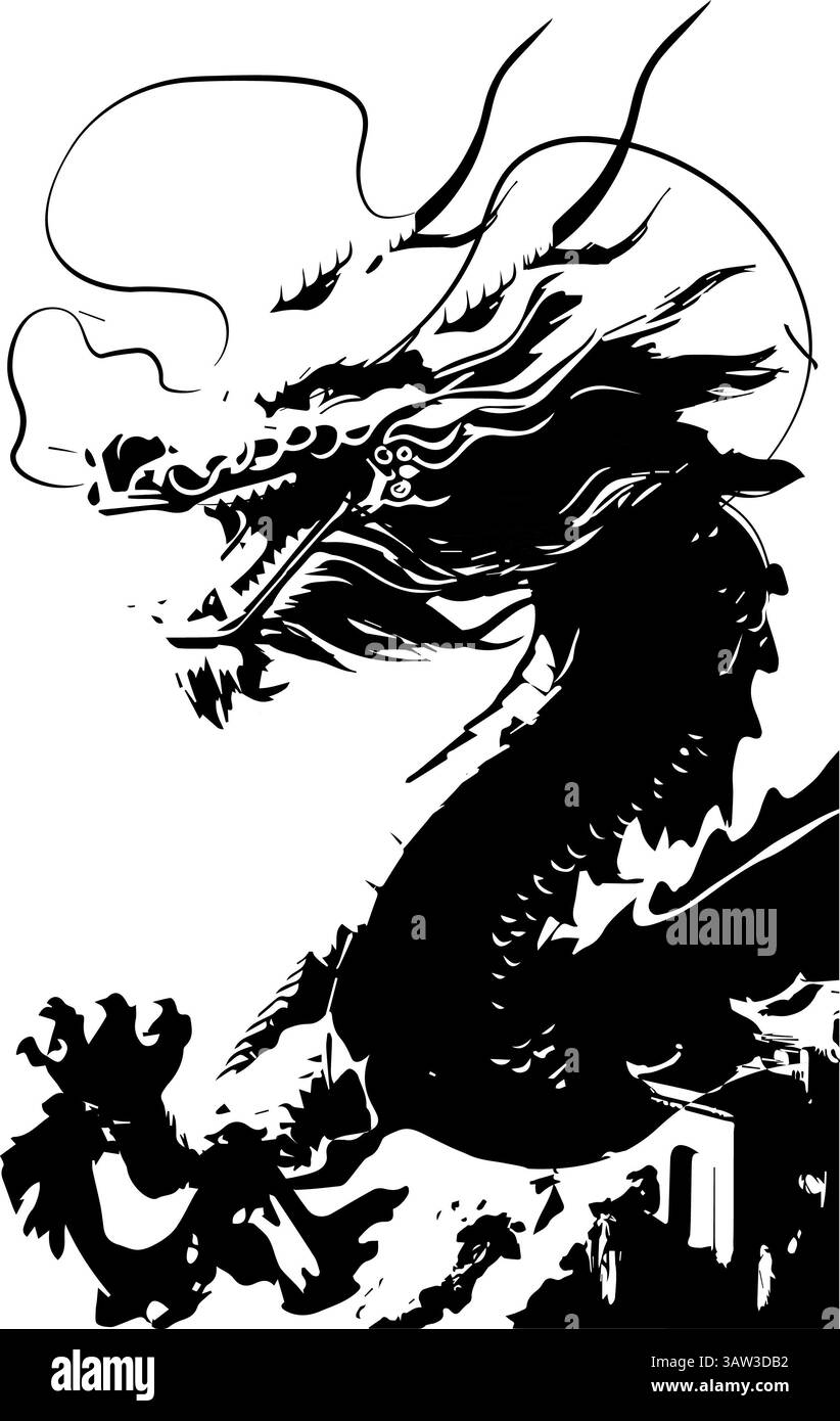 Wilder Drache gezeichnet in kräftiger schwarzer Tusche Illustration, die japanisches Tattoo-Design, sumi-e Textur und Vektor-Pinselstrich Stil. Ideal für auffälliges Hemd Stockfoto
