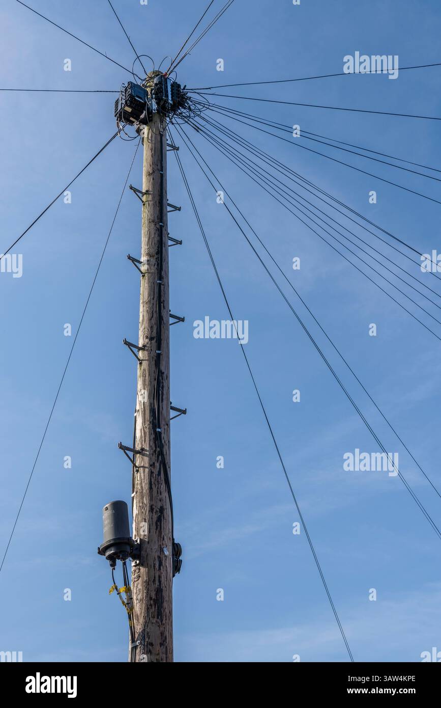 Holzmast mit moderner Telekommunikationsausrüstung und mehreren Drähten, die ein Sternmuster von der Spitze des Stabs bilden, vor einem klaren blauen Hintergrund Stockfoto