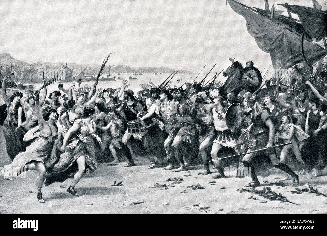 480 v. Chr. besiegten die Griechen in der Meerenge zwischen Piräus und Salamis vor der griechischen Küste bei Athen die einmarschierenden Perser in einer Seeschlacht. Ein Großteil der Anerkennung wurde dem Athener Staatsmann Themistokles zugesprochen, der in dieser Illustration zu Beginn des Jahres 1900 zu sehen war, die nach der Schlacht zum Triumph zurückkehrte. Stockfoto