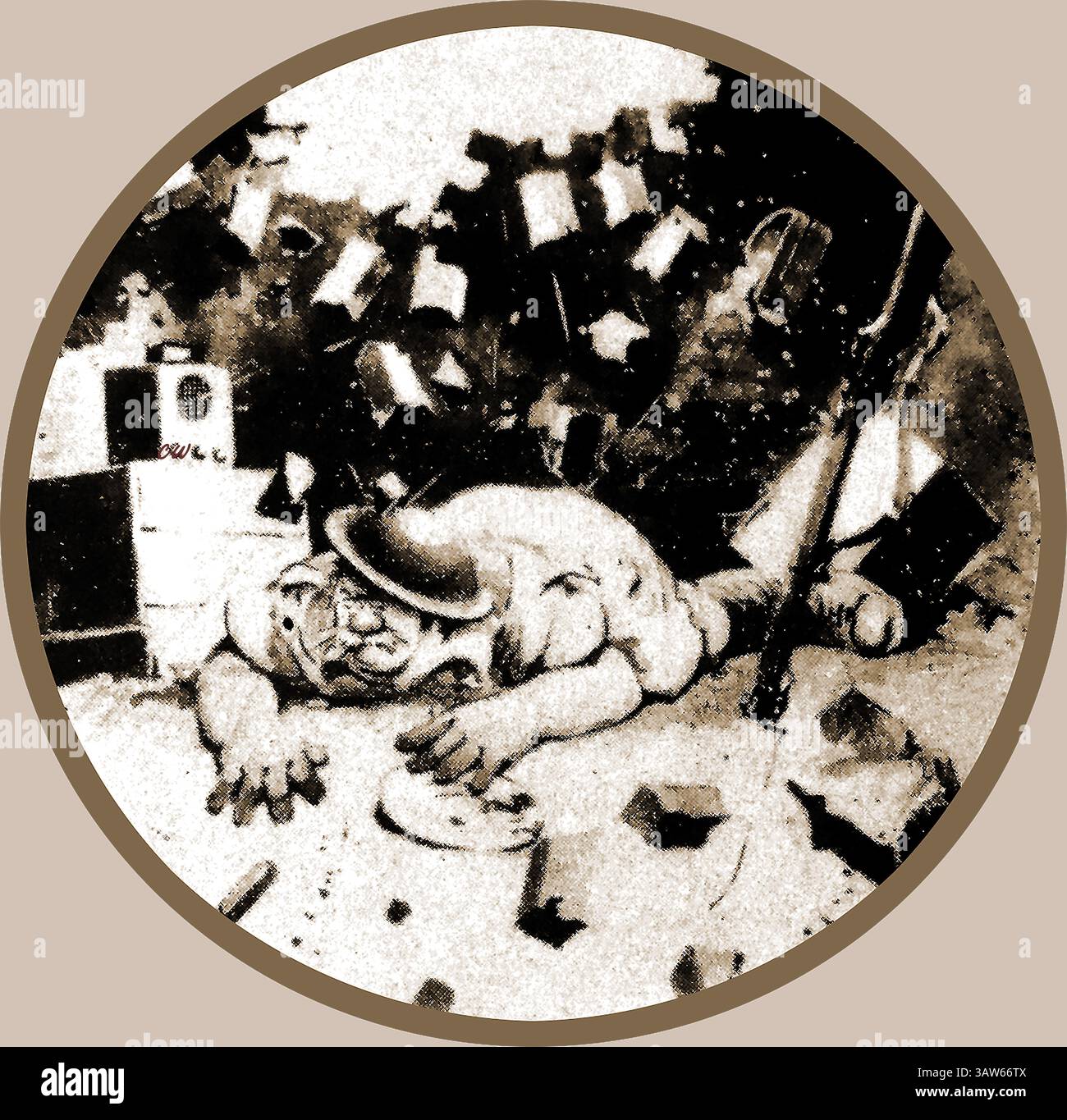 Eine Zeichentrickzeichnung eines britischen Soldaten, der eine Explosion während des Zweiten Weltkriegs überlebte Stockfoto