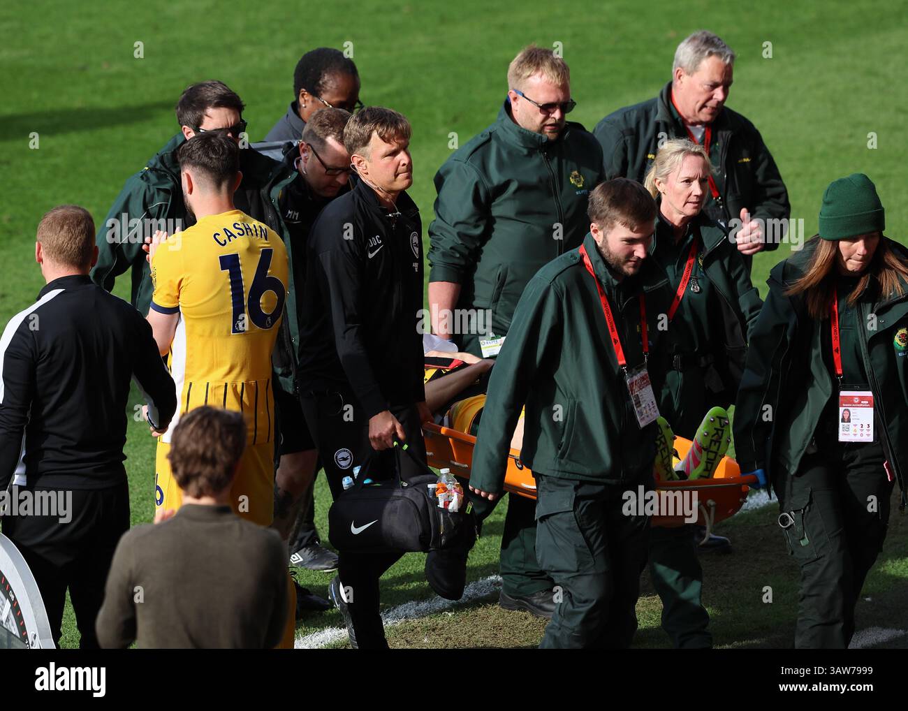 Brentford, London, Großbritannien. April 2025; Gtech Community Stadium, Brentford, London, England; Premier League Football, Brentford gegen Brighton und Hove Albion; Jan Paul van Hecke von Brighton &amp; Hove Albion wird von Sanitätern nach einem Zusammenprall mit Yunus Konak von Brentford ausgestreckt Credit: Action Plus Sports Images/Alamy Live News Stockfoto