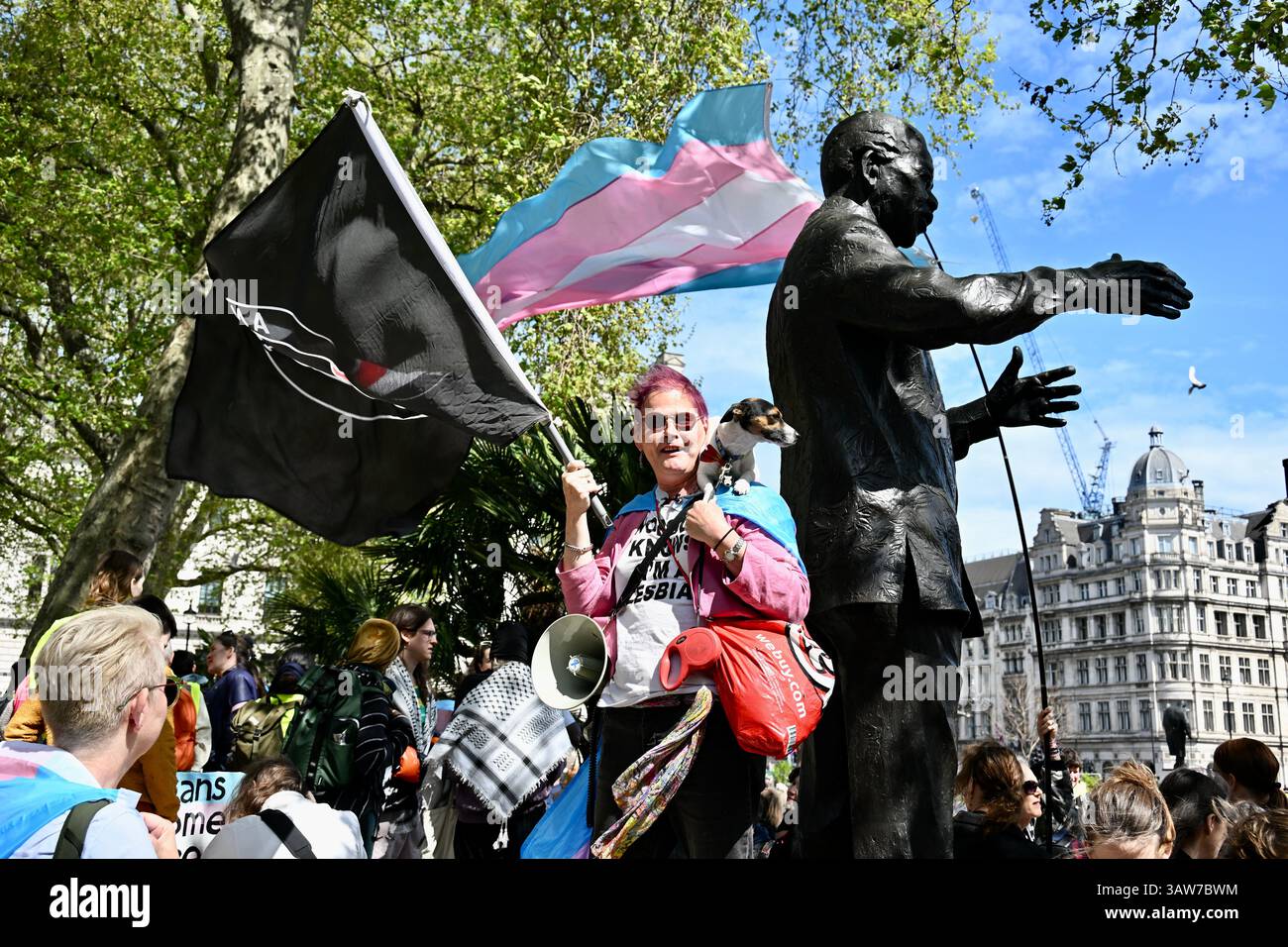 London, Großbritannien. Notfall-Trans-Rechte-Rallye auf dem Parliament Square. Trans-Rights-Aktivisten versammelten sich auf dem Parlamentsplatz, um gegen das Urteil des Obersten Gerichtshofs in dieser Woche über die Definition einer Frau zu protestieren. Quelle: michael melia/Alamy Live News Stockfoto