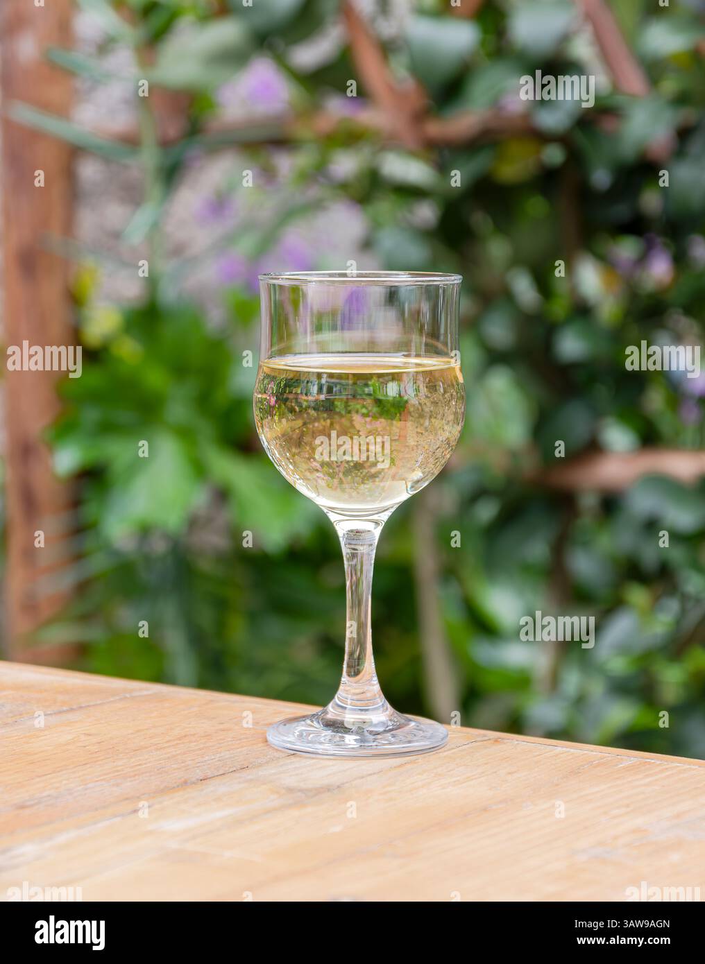 Glas Wein auf einem Holztisch draußen. Stockfoto