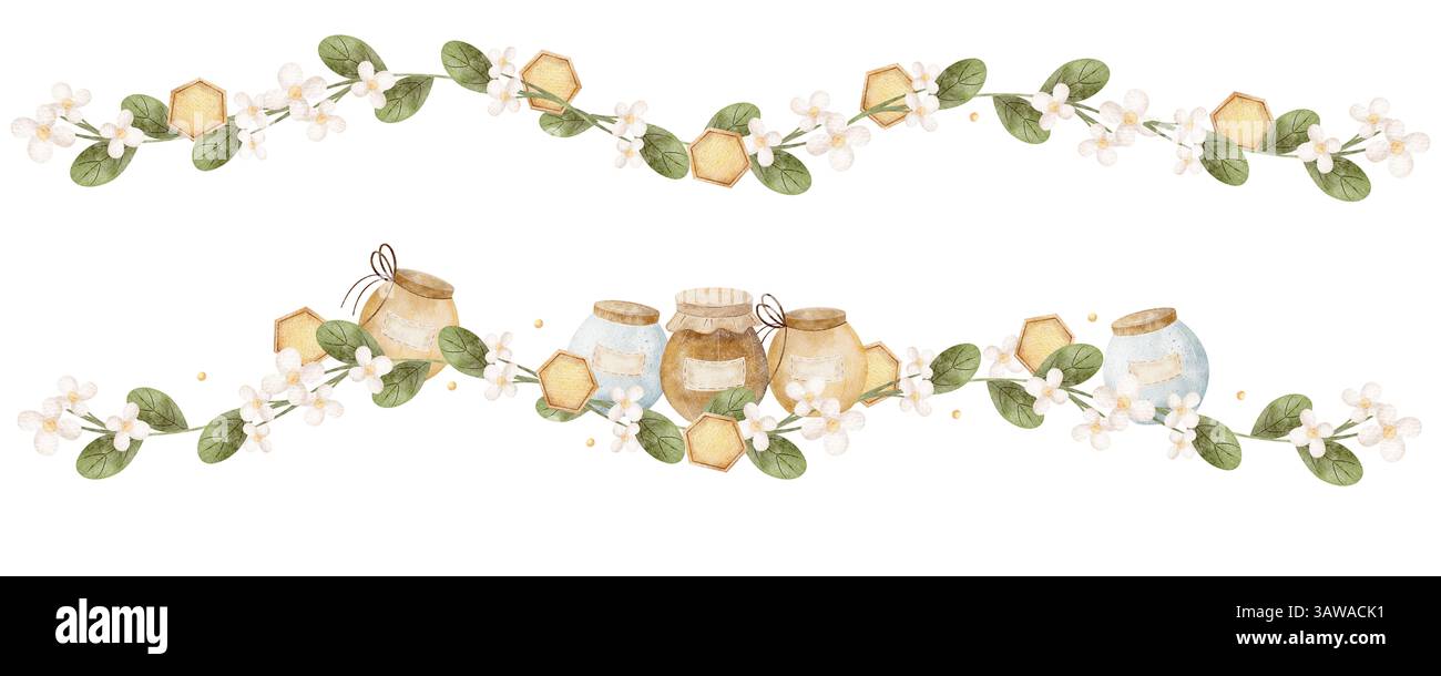 Aquarellillustration von Honigglas, Honigwabe, Blumen, Blättern. Border Girlande handgezeichnet im Cartoon-Stil. Banner isolierter Hintergrund für Design Stockfoto