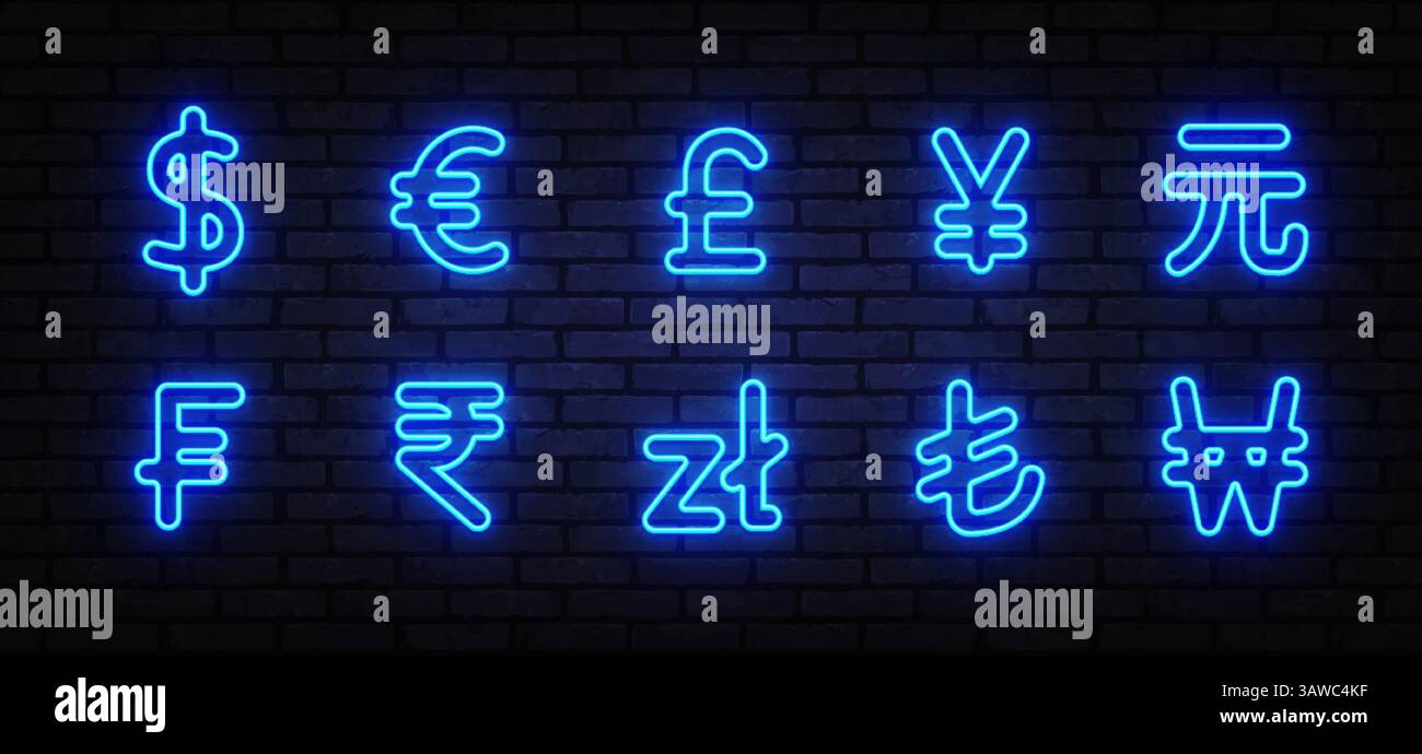 Neon-Währungssymbole mit Dollar, Euro, Pfund, Yen, Yuan und anderen. Vektorabbildung. Stock Vektor