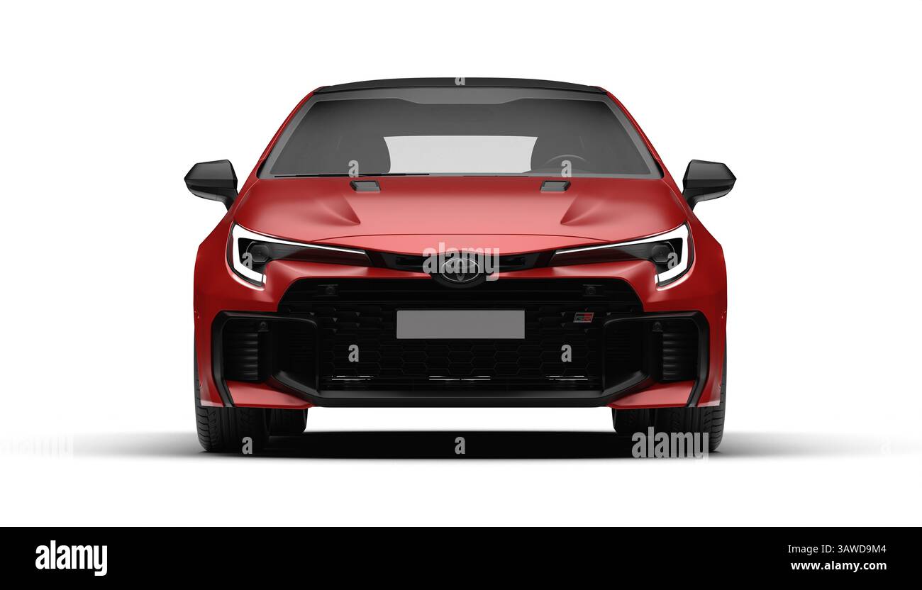 Izmir, Türkei - 18. April 2025: Vorderansicht des roten Toyota Corolla GR 2025-Modells mit weißem Hintergrund. Stockfoto